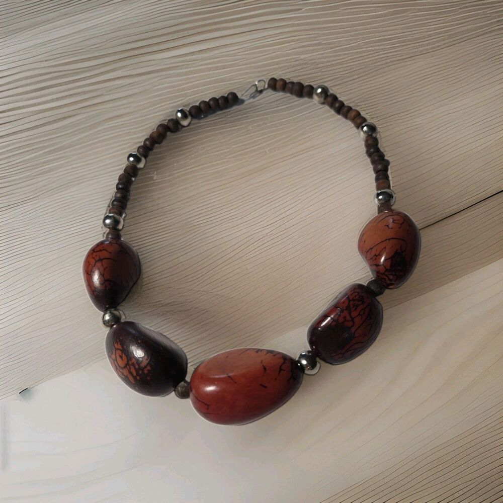 Vintage Necklace Chunky Brown Tribal Bold Silver Tone Accent